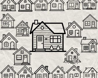 130 adorables casitas en formato SVG, DXF, EPS, AI, PDF, JPG y PNG. Imágenes vectoriales en escala de grises para corte por quemado, corte CNC, corte de madera, Cricut, plotter y Silhouette.