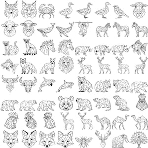 May include: A collection of geometric line art animal illustrations in black and white. The image features various animals, including a lynx, crab, duck, zebra, whale, bear, and fox. The style is modern and minimalist.
