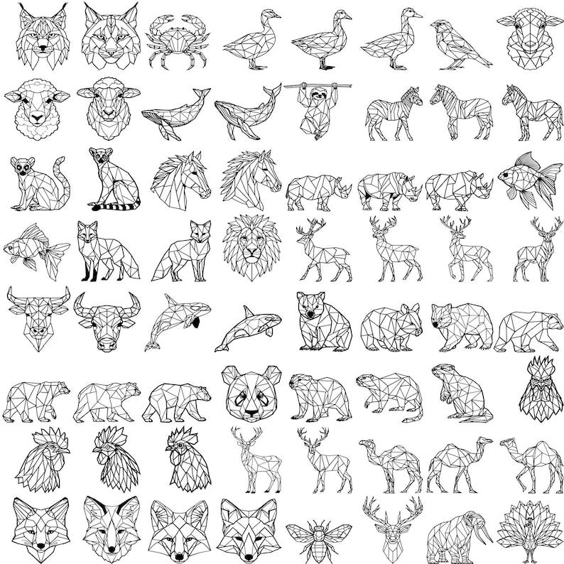 May include: A collection of geometric line art animal illustrations in black and white. The image features various animals, including a lynx, crab, duck, zebra, whale, bear, and fox. The style is modern and minimalist.