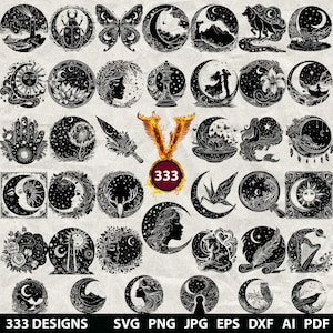 333 Celestial Boho Bundle Laser Svg, Dxf, Eps, Ai, Pdf, Jpg, Png Witch Grayscale Burn Image Cut Vector  Wood Cut Spiritual Woman Silhouette