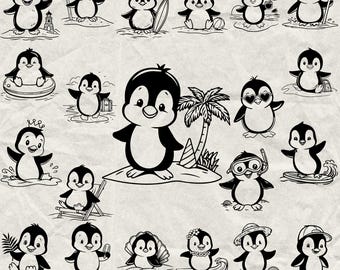 230 Penguin on Beach Bundle Svg, Dxf, Eps, Ai, Pdf, Jpg, Png Grayscale Burn Image Vector Cnc Wood Cut Cricut Summer  Vacation Silhouette