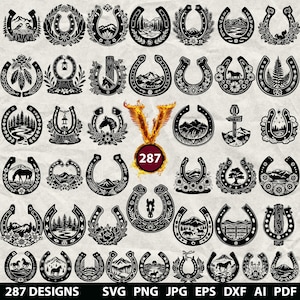 287 Horse Shoe Bundle Laser Svg, Dxf, Eps, Ai, Pdf, Jpg, Png Grayscale Burn Image Cut Vector Cnc Wood Cut File Cricut Horse Shoe Silhouette