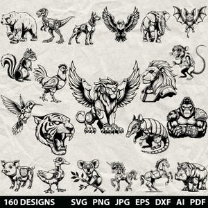 May include: A collection of black and white digital illustrations featuring various animals with mechanical, robotic components, including a winged lion, bear, raptor, dog, eagle, elephant, bat, squirrel, rooster, hummingbird, tiger, armadillo, gorilla, pig, duck, koala, unicorn, horse, and hippo.