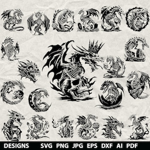 160 Dragon Sceleton Bundle Svg, Dxf, Eps, Ai, Pdf, Jpg, Png Halloween Grayscale Burn Image Cut Vector Wood Skeleton Fantasy Animal Cricut