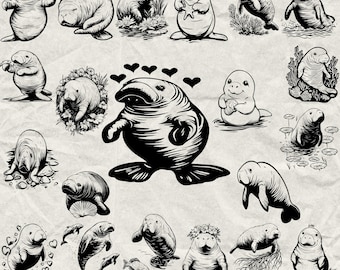 240+ Manatee Bundle Svg, Dxf, Eps, Ai, Pdf, Jpg, Png Kawaii Manatee Grayscale Burn Image Cut Vector Cnc Wood Cut Cricut Manatee Silhouette