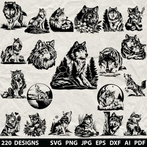 Más de 220 lobos en SVG, DXF, EPS, AI, PDF, JPG y PNG. Lobos en escala de grises, imagen quemada, corte vectorial, archivo de corte CNC para madera, silueta de lobo.