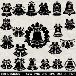 May include: Black and white vector illustrations of Christmas bells in various designs. Some bells have bows, snowflakes, and holly. The image includes the text "160 Designs" and file type options.