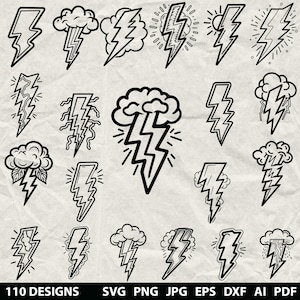 May include: A collection of black and white lightning bolt designs, some with clouds and sunbursts, arranged on a textured, off-white background. The image includes the text "110 DESIGNS" and file type abbreviations.