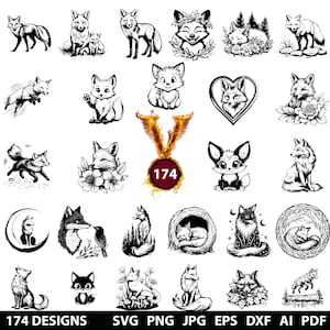 174 Fox Bundle Svg, Dxf, Eps, Ai, Pdf, Jpg, Png Woodland Animal Grayscale Burn Image Cut Forest Vector Cnc Wood Cut Cricut Fox Silhouette