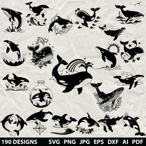 Más de 190 ballenas SVG, DXF, EPS, AI, PDF, JPG, PNG. Orca en escala de grises. Imagen quemada. Corte vectorial. Corte de madera CNC. Cricut. Silueta de ballena. Animales del océano.