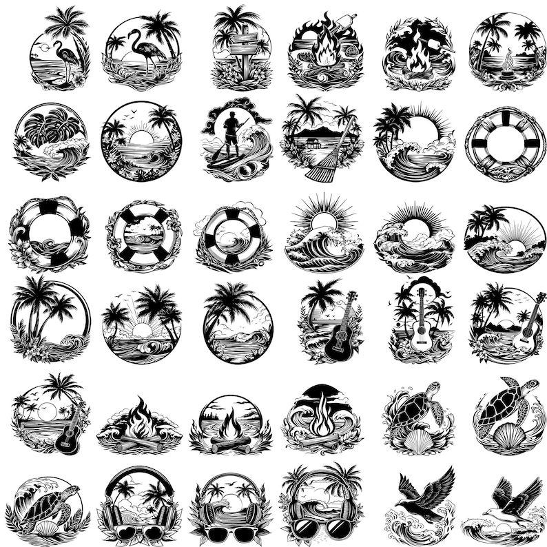 190 Beach Scene Bundle Svg, Dxf, Eps, Ai, Pdf, Jpg, Png Grayscale Burn ...