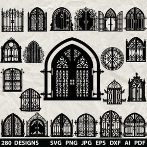 Puede incluir: Una colección de 280 diseños de puertas y portones góticos negros en varios estilos. Los diseños incluyen formas arqueadas, rectangulares y circulares con detalles intrincados. La imagen incluye los formatos de archivo: SVG, PNG, JPG, EPS, DXF, AI y PDF.