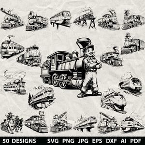 May include: Black and white illustrations of various train designs, including steam engines, modern trains, and a train conductor. The image includes the text "50 DESIGNS" and file type options.