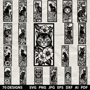 70 segnalibri con gatti e fiori Svg, Dxf, Eps, Ai, Pdf, Jpg, Png Immagine in scala di grigi Immagine bruciata Vettoriale Taglio legno CNC Cricut Gatti Animali domestici Libro Amanti Silhouette