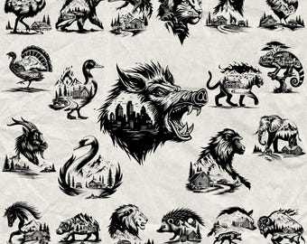 May include: A collection of black and white animal illustrations, such as a bear, wolf, and lion, each featuring a landscape design within. The image includes the text "470 DESIGNS" and file type options: SVG, PNG, JPG, EPS, DXF, AI, and PDF.