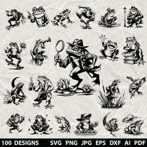 Può includere: Illustrazione in bianco e nero con 20 diverse illustrazioni di rane in varie pose e abiti. Alcune rane sono raffigurate con lenti d'ingrandimento, camici da laboratorio e cappelli. Il testo "100 DISEGNI" e le abbreviazioni dei tipi di file sono in basso.