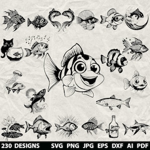230 Fish Bundle Svg, Dxf, Eps, Ai, Pdf, Jpg, Png Fisherman Grayscale Burn Image Cut Fishing Vector Cnc Wood Cut Cricut Fish Silhouette