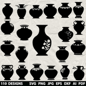 May include: A collection of 16 black vase designs in various shapes and sizes. Some vases feature floral or leaf patterns, while others have simple, elegant silhouettes. The image includes the text "110 DESIGNS" and file type options.