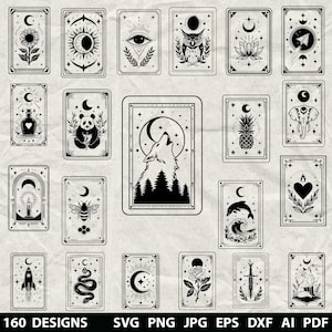 May include: A collection of 20 black and white tarot card designs. Each card features unique illustrations, including a sunflower, owl, wolf, and snake. The text "160 DESIGNS" and file type abbreviations are at the bottom.