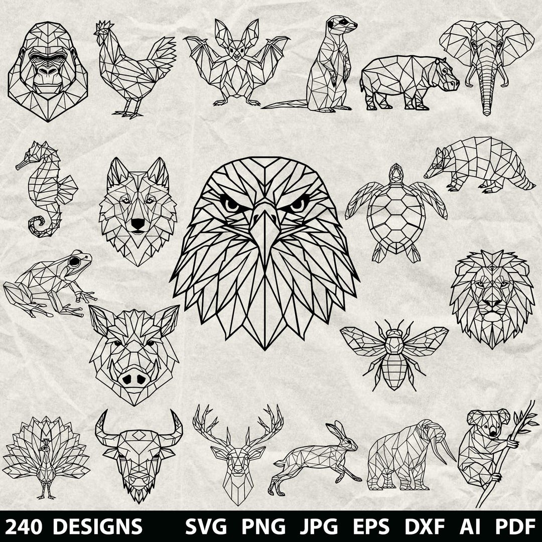 240 Geometric Animals Bundle Svg, Dxf, Eps, Ai, Pdf, Jpg, Png Grayscale Burn Image Cut Vec