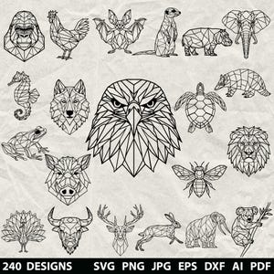 May include: Geometric animal designs in black lines on a textured, off-white background. The designs include a gorilla, chicken, bat, meerkat, elephant, seahorse, wolf, eagle, turtle, frog, boar, lion, bee, peacock, bull, deer, rabbit, and koala.