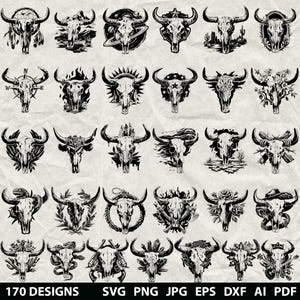 May include: A selection of 30 monochrome bull skull designs, each with distinctive decorative features like feathers, flowers, and stars. The image includes the text "170 DESIGNS" and file type options.
