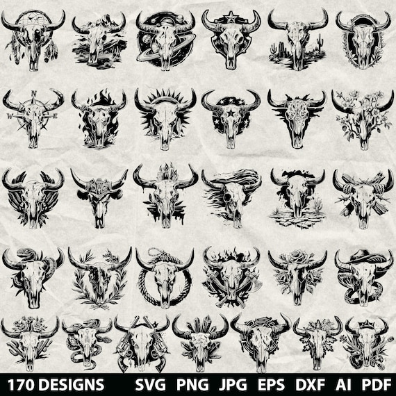 170+ Bull Skull Bundle Svg, Dxf, Eps, Ai, Pdf, Jpg, Png Skeleton Grayscale Burn Image Cut Vector Cnc Wood Longhorn Cricut Skull Silhouette