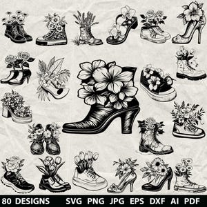 Más de 80 zapatos florales en formato SVG, DXF, EPS, AI, PDF, JPG y PNG. Flores en escala de grises, imágenes quemadas, corte vectorial, corte CNC de madera, Cricut, siluetas de flores silvestres.