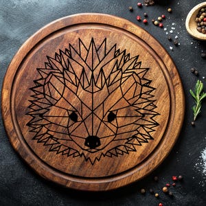 May include: A round wooden cutting board with a geometric hedgehog design etched into the surface. The board is a warm brown color and has a groove around the edge. The hedgehog design is black and features sharp, angular lines.