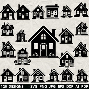 May include: A collection of black and white house illustrations in various styles. The image includes different house designs, from simple cottages to more elaborate homes, with the text "120 DESIGNS" and file type options.