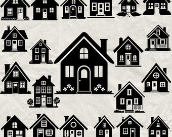 120 adorables casas negras en formato SVG, DXF, EPS, AI, PDF, JPG y PNG. Imágenes vectoriales en escala de grises para corte por quemado, corte CNC, corte de madera, Cricut, plotter y Silhouette.