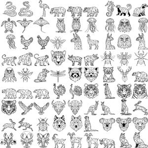 May include: A collection of geometric line art animal illustrations in black and white. The image features various animals, including a snake, flamingo, hippo, bear, seahorse, turtle, stingray, owl, jellyfish, eagle, and more.