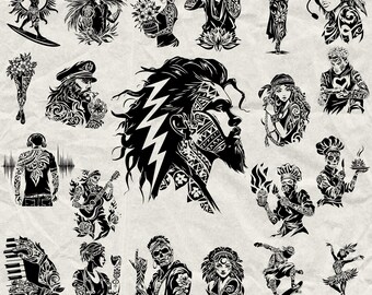 180 Tattoo People Bundle Svg, Dxf, Eps, Ai, Pdf, Jpg, Png Street Style Grayscale Burn Image Cut File Vector Cnc Funny Mental Health Cricut