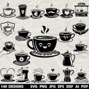 Può includere: Illustrazioni in bianco e nero di tazze di caffè, una macchina per il caffè e un bar. L'immagine include vari disegni, come una tazza con un cuore, una montagna e un pezzo di puzzle. Il testo in basso recita "140 DESIGNS SVG PNG JPG EPS DXF AI PDF."