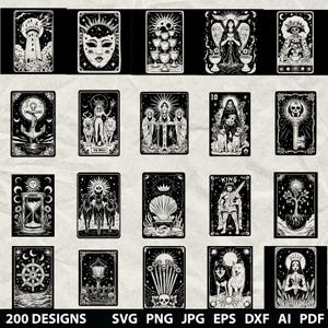 Paquete de 200 cartas de tarot en formato SVG, DXF, EPS, AI, PDF, JPG y PNG. Imagen quemada en escala de grises de Halloween. Corte vectorial. Corte de madera. Cricut. Silueta gótica espeluznante.
