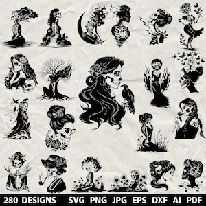 Könnte beinhalten: Eine Sammlung von 280 schwarz-weißen Designs zum Thema Tag der Toten. Die Bilder enthalten stilisierte Illustrationen von Skeletten, Schädeln und Frauen mit floralen und gotischen Elementen. Die Designs sind in den Formaten SVG, PNG, JPG, EPS, DXF, AI und PDF verfügbar.