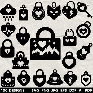 May include: A collection of 130 black vector designs featuring heart-shaped motifs. Includes padlocks, tags, and other decorative elements. Suitable for SVG, PNG, JPG, EPS, DXF, AI, and PDF formats.