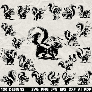 Peut inclure: Une collection de 20 illustrations de moufettes en noir et blanc dans diverses poses. Certaines moufettes tiennent des objets comme des fleurs, des ballons et des drapeaux. L'image comprend le texte "130 DESIGNS" et les options de type de fichier : SVG, PNG, JPG, EPS, DXF, AI et PDF.