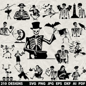 May include: Black and white digital illustrations of skeletons in various poses. The skeletons are depicted in different scenarios, including dancing, wearing a pirate hat, and holding objects. The image includes the text "210 DESIGNS".