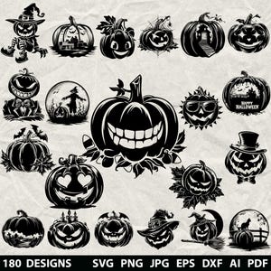 Peut inclure: Une collection de 180 motifs noirs et blancs sur le thème d'Halloween. Les motifs comprennent diverses citrouilles sculptées avec différentes expressions, un épouvantail, une sorcière et une maison hantée. L'image comprend également des options de format de fichier.