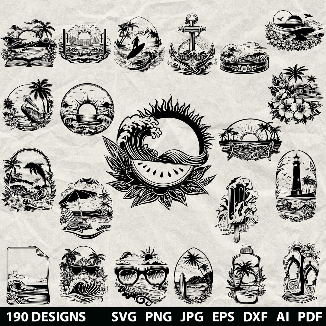 190 Beach Scene Bundle Svg, Dxf, Eps, Ai, Pdf, Jpg, Png Grayscale Burn ...