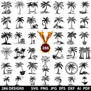 286 Palm Tree Bundle Svg, Dxf, Eps, Ai, Pdf, Jpg, Png  Tropical Grayscale Burn Image Cut Vector Cnc Wood Cut Cricut Hawaii Beach Silhouette