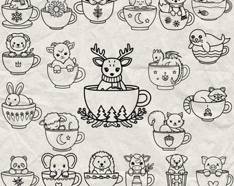 250 Animal in a Cup Svg, Dxf, Eps, Ai, Pdf, Jpg, Png Grayscale Burn Image Cut Vector Cnc Wood Cut Cricut Outline Animals Silhouette