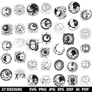Pode incluir: Um conjunto de 37 ilustrações em preto e branco do sol e da lua. Os designs apresentam várias combinações do sol e da lua, incluindo rostos, luas crescentes e luas cheias. As ilustrações são perfeitas para usar em projetos de artesanato, designs digitais ou como clipart.