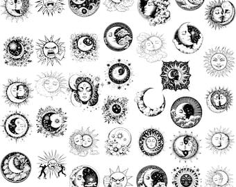 May include: A set of 37 black and white sun and moon illustrations. The designs feature various combinations of the sun and moon, including faces, crescent moons, and full moons. The illustrations are perfect for use in crafting projects, digital designs, or as clipart.