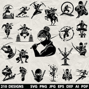 210 Ninja-bundel Svg, Dxf, Eps, Ai, Pdf, Jpg, Png grijswaarden afbeelding branden gesneden vector cnc hout gesneden bestanden voor Crafters Cricut Ninja silhouet