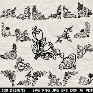 May include: A collection of black floral corner designs in various styles, including roses, tulips, and other stylized flowers. The image includes the text "520 DESIGNS" and file type abbreviations.
