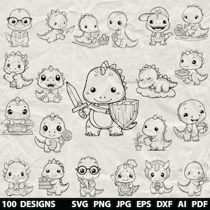 May include: A collection of 20 black and white cartoon dinosaur illustrations in various poses. Some dinosaurs are holding objects like books, a sword, and a basketball. The text "100 DESIGNS" and file type abbreviations are at the bottom.