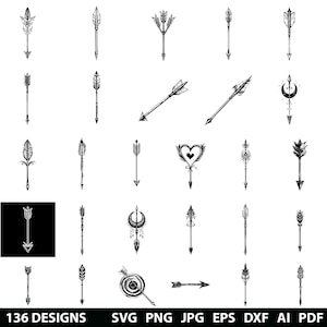 Peut inclure: Un ensemble de 24 flèches noires et blanches. Les flèches sont de styles variés, y compris simples, ornées et avec des plumes. Les motifs sont parfaits pour l'artisanat, le scrapbooking et autres projets créatifs.