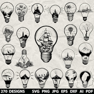 May include: A collection of black and white illustrations of light bulbs, each containing a different nature scene, including mountains, flowers, a castle, and a sailboat. The bottom of the image has the text "270 DESIGNS SVG PNG JPG EPS DXF AI PDF".